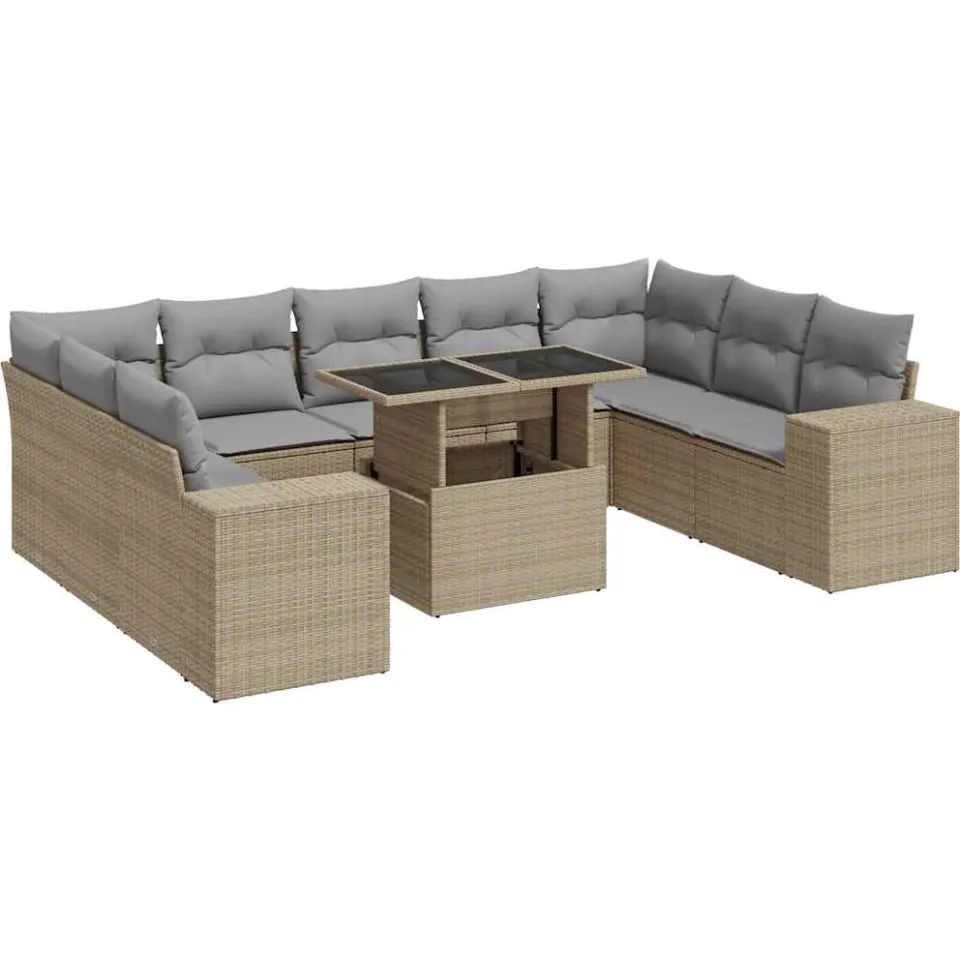 vidaXL 10-delige Loungeset met kussens poly rattan beige, foto 3