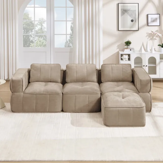 STILVORA Hoekbank 271 x 162 x 67 cm - 3-Zits Modulaire L-Vorm Met Hocker En Diepe Zitting - Voor Woonkamer - Polyester - Zand Sand