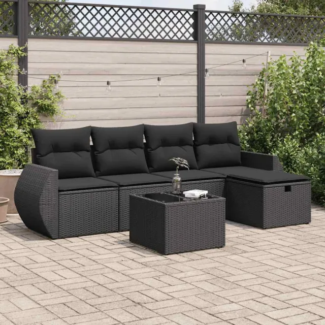 vidaXL 6-delige Loungeset met kussens poly rattan zwart, foto 2
