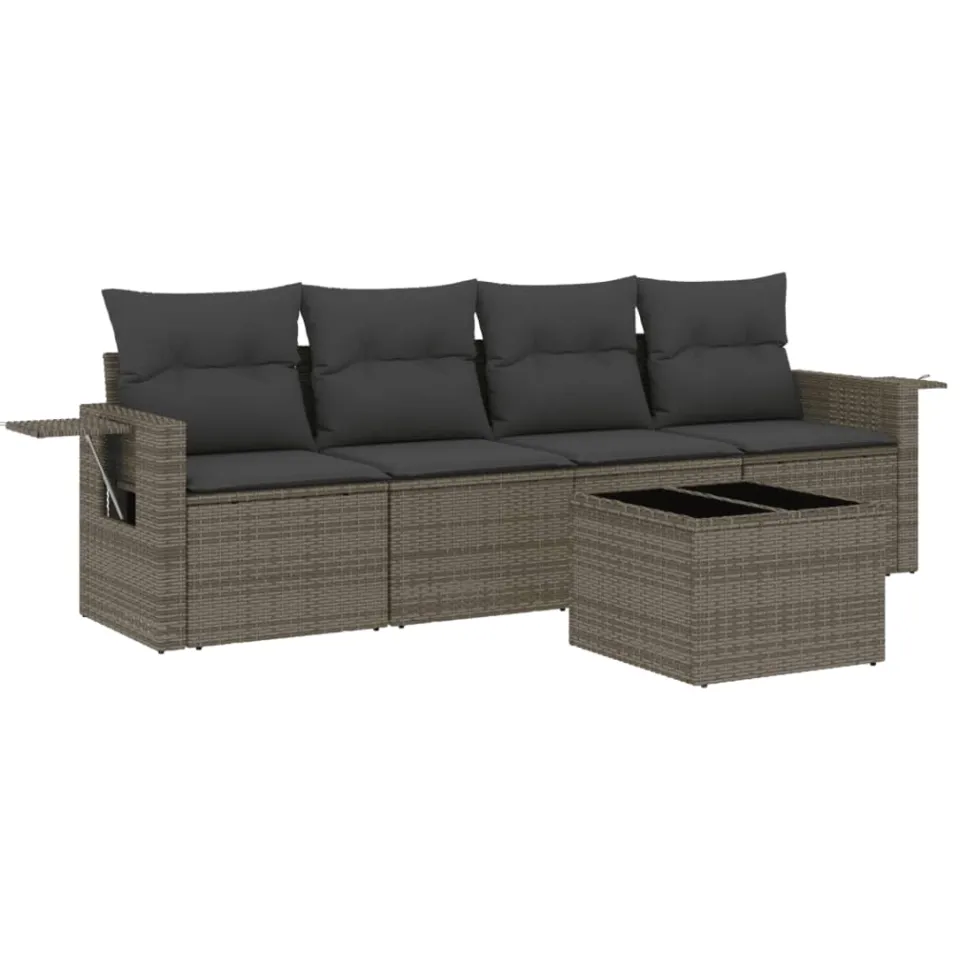 vidaXL 5-delige Loungeset met kussens poly rattan grijs, foto 3