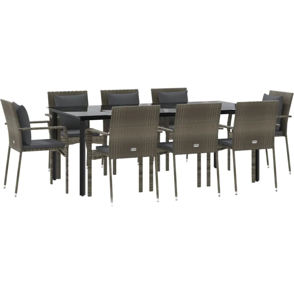 vidaXL 9-delige Tuinset met kussens poly rattan zwart en grijs