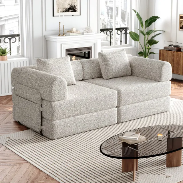 Wishdor 2-zits slaapbank - Opbergruimte in armleuning - Slaapfunctie met drie metalen frames - Modulair te combineren - Voor woonkamer - Chenille bekleding - Khaki - 183,8 x 91,4 x 69,8 cm