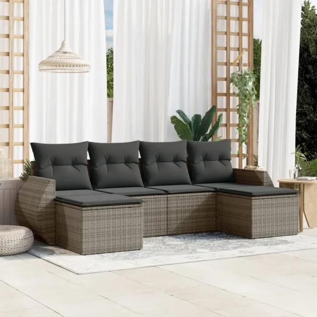 vidaXL 6-delige Loungeset met kussens poly rattan grijs, foto 2