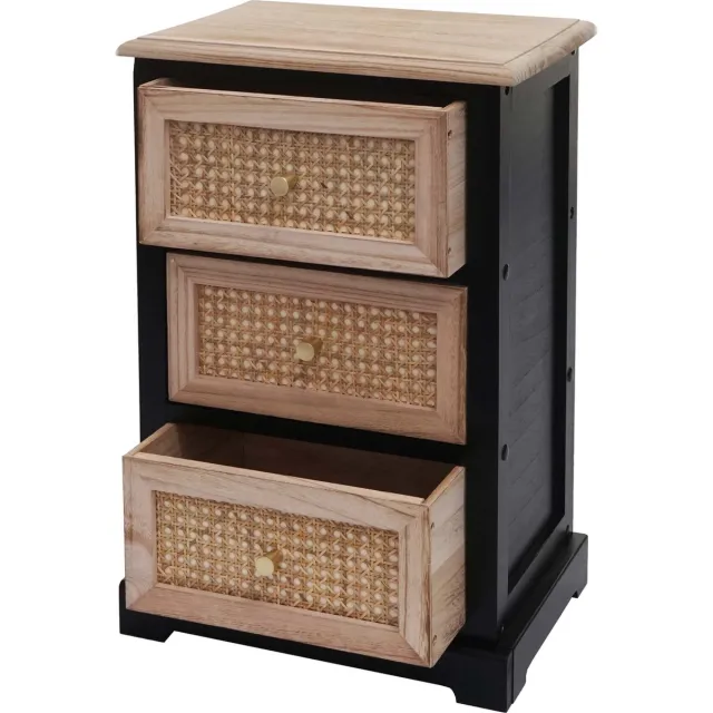 MCW Ladekast MCW-K87, ladekast kast, hout rotan 63x40x28cm ~ zwart, natuurlijke kleur