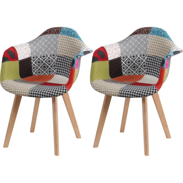 Hanimo Set Van 2 Eetkamerstoelen - Eetkamerstoelen - Kuipstoelen - Fauteuils Met Armleuning - Scandinavisch - Patchwork Stof - Meerkleurig - Houten Poten Multikleurig