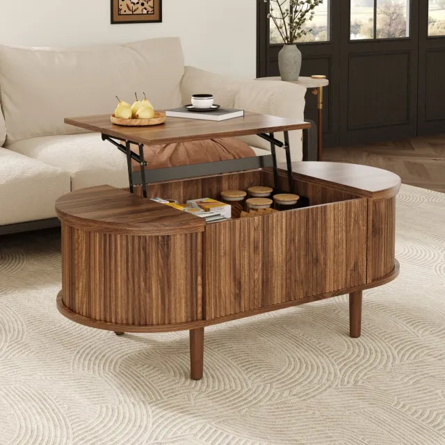 MEUNIQ Ovale hoogteverstelbare salontafel 100 x 48 x 53,5 cm met opklapbaar blad en opbergruimte, MDF en houten poten, woonkamer, walnootkleur