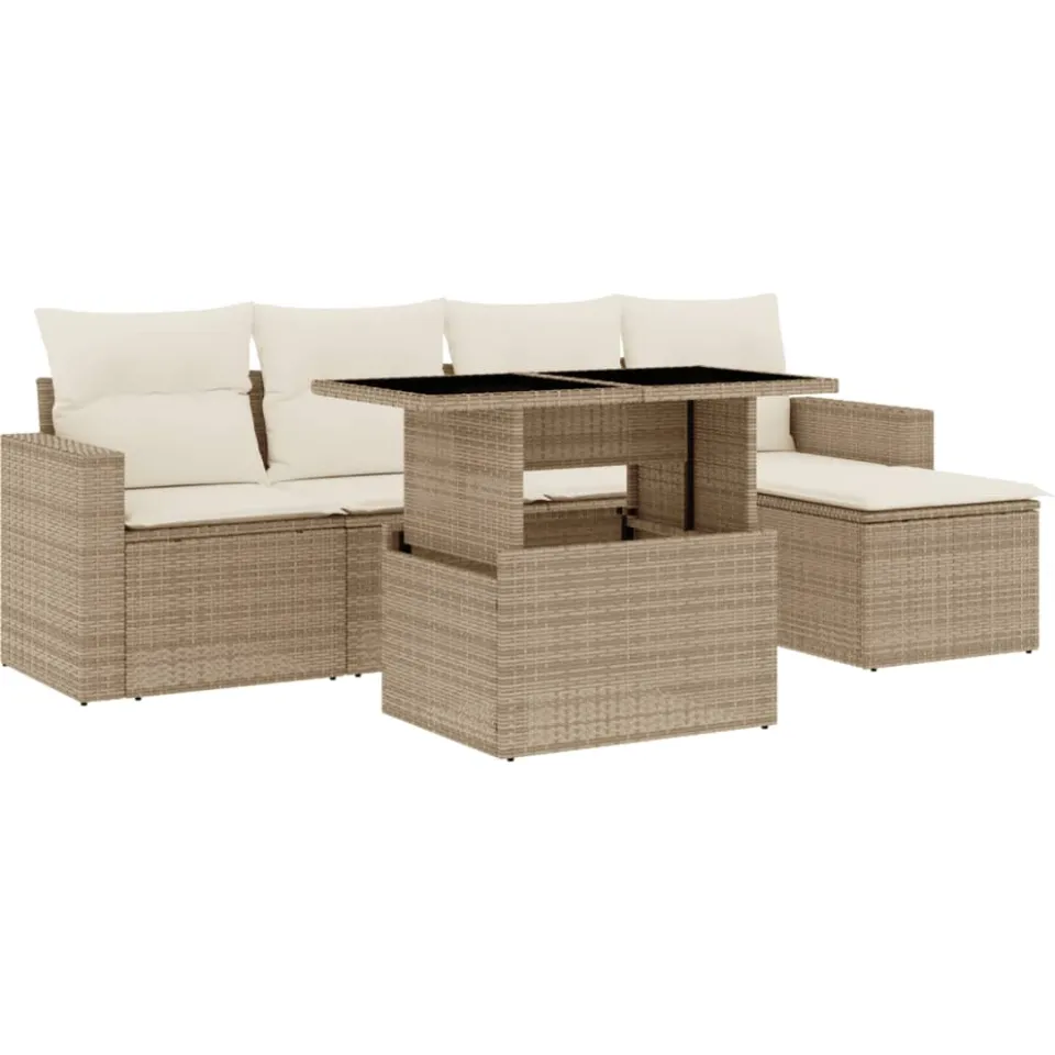 vidaXL 6-delige Loungeset met kussens poly rattan beige, foto 3