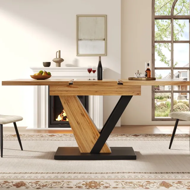 MEUNIQ uitschuifbare eettafel 120 x 75 x 75,5 cm uitschuifbaar tot 160 cm rechthoekige keukentafel voor eetkamer of woonkamer met houtlook blad en metalen onderstel houtkleur