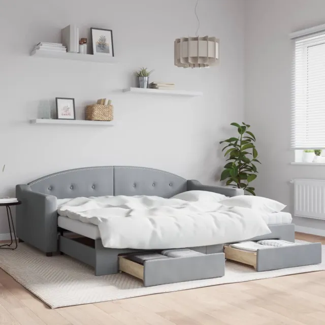 vidaXL Slaapbank met onderschuifbed en lades 90x190 cm stof lichtgrijs grijs