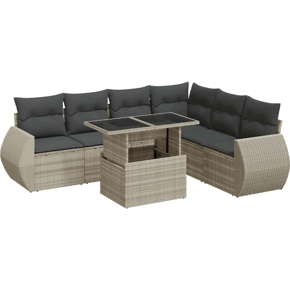 vidaXL 7-delige Loungeset met kussens poly rattan lichtgrijs grijs, foto 3