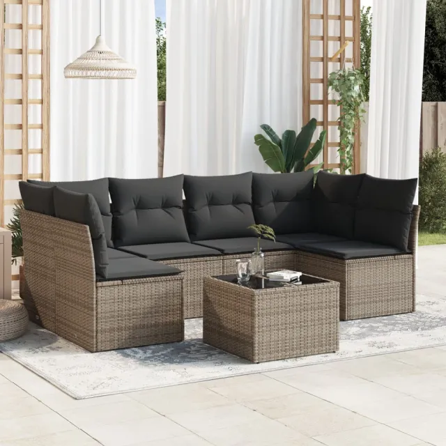 vidaXL 7-delige Loungeset met kussens poly rattan lichtgrijs grijs
