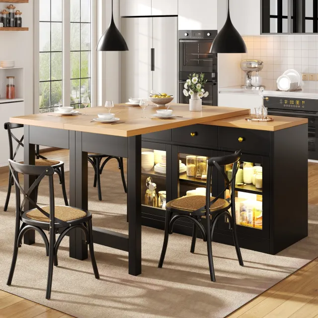 MODENUIT Uitrekbare Keuken Eiland Tafel 120-200 cm - Met LED Verlichting - MDF en Metaal - Zwart - Eettafel en Opbergruimte