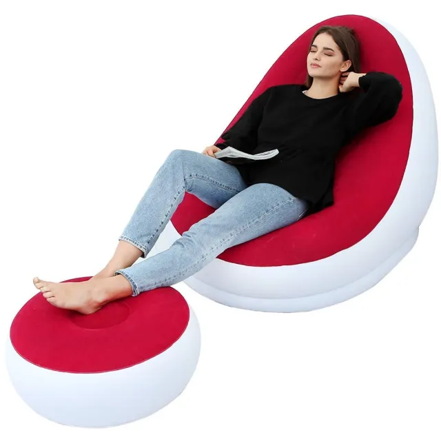 Unyqoos Comfortabele opblaasbare lounge stoel met voetenbank voor binnen en buiten Rood wit