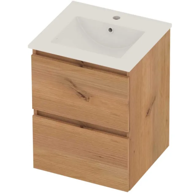 Basic-Line Coach 46 Badmeubelset Porselein 1 Kraangat Greeploos 50x46x62 cm Whisky Oak Glans Wit