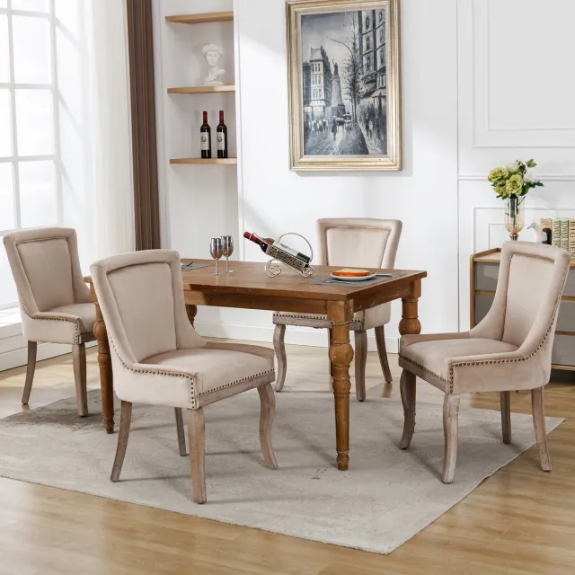 REDOM Eetkamerstoel - Gestoffeerd Met Siernagels En Gebogen Rugleuning - Klassiek - Voor Eetkamer - Fluweel - Beige
