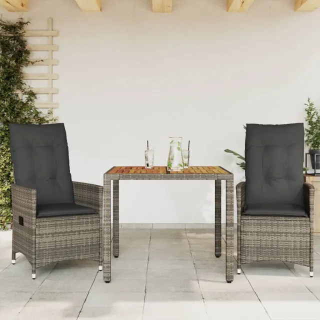 vidaXL 3-delige Bistroset met kussens poly rattan grijs, foto 2