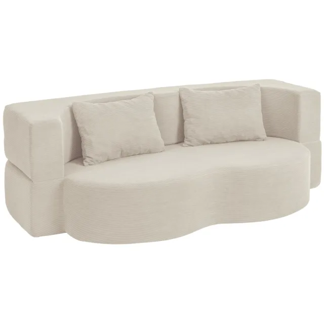 SoBuy FST101-MI 2-Zits Slaapbank met 2 Kussens - Ribfluwelen Bekleding en 25D-Schuim - Voor Woonkamer en Logeerkamer - 177 x 107 x 32 cm - Beige