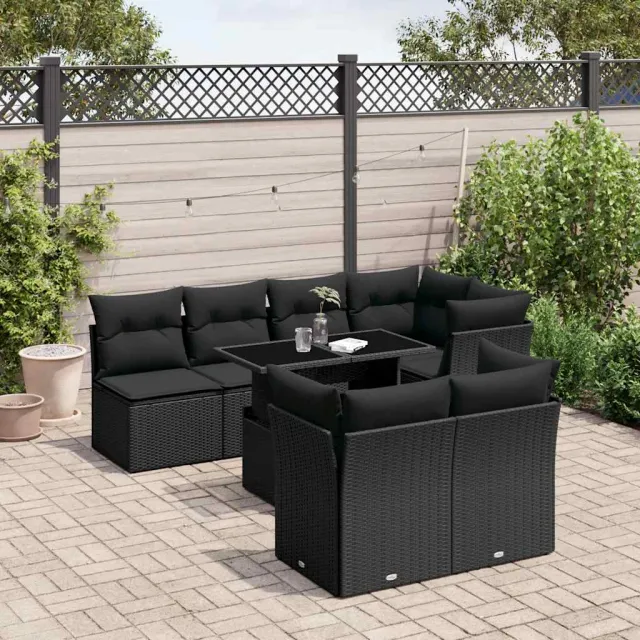 vidaXL 8-delige Loungeset met kussens poly rattan zwart, foto 2