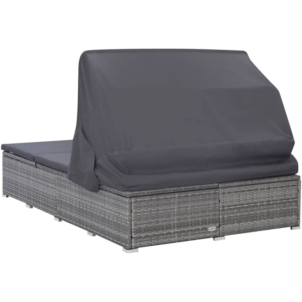 vidaXL Ligbed met kussen 2-persoons poly rattan grijs, foto 3
