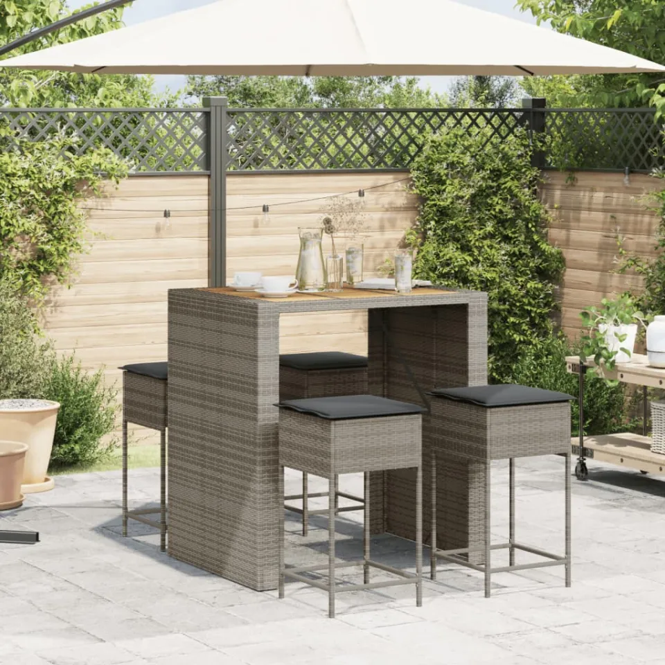 vidaXL 5-delige Tuinbarset met kussens poly rattan grijs, foto 2