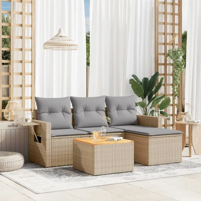 vidaXL 5-delige Loungeset met kussens poly rattan gemengd beige, foto 2