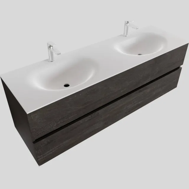 Boss & Wessing Badkamermeubel Solid Surface BWS Stockholm 150x46 cm Dubbel Wood Dark Brown (2 kraangaten) Houtlook