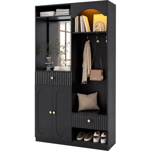 Clruro Garderobekast - 100 × 35 × 180 cm - met LED-Verlichting - met Spiegel - met Zitbank - MDF - Zwart