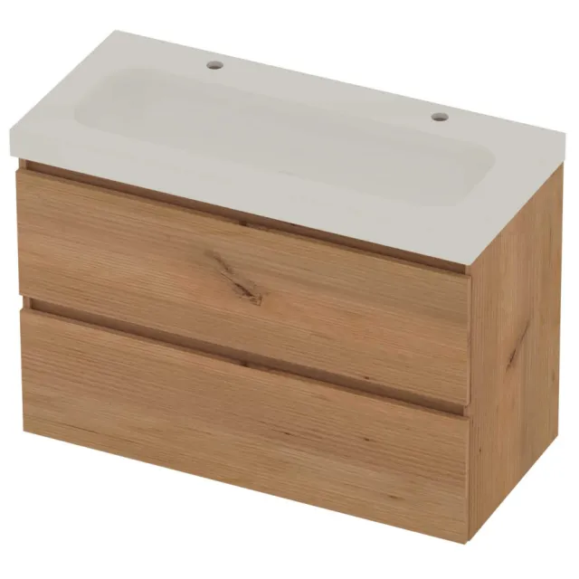 Basic-Line Moby 46 Badmeubelset Polystone 2 Kraangaten Greeploos 100x46x66 cm Whisky Oak Glans Wit