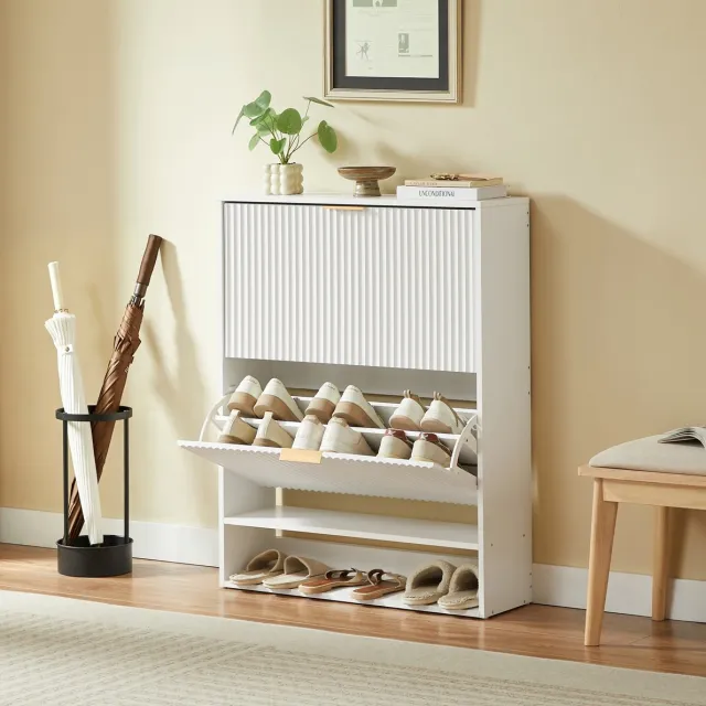 HAUSS SPOLE Schoenenkast - Smal Met Kleppen En Verstelbare Planken - Voor Hal En Gang - MDF En Metaal - 80,1 x 24,1 x 102,3 Cm - Wit
