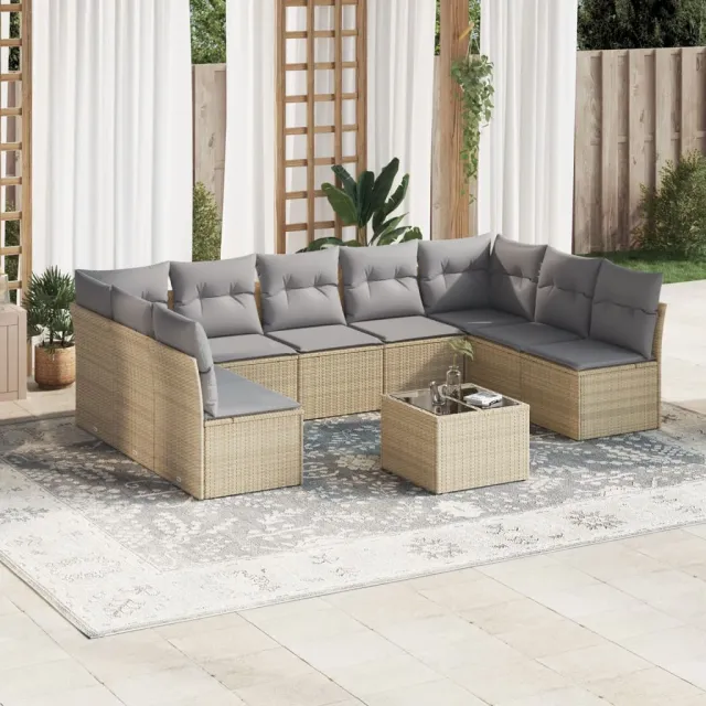 vidaXL 10-delige Loungeset met kussens poly rattan beige, foto 2
