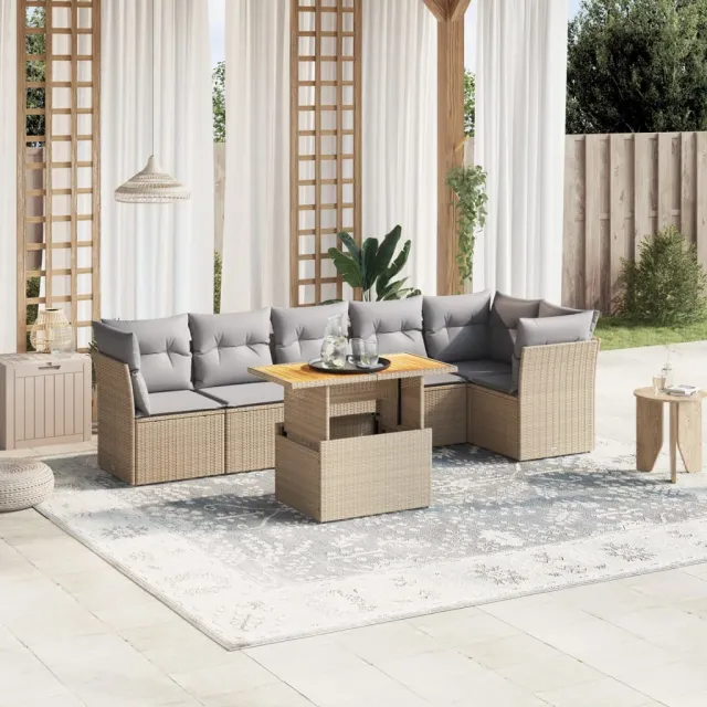 vidaXL 7-delige Loungeset met kussens poly rattan beige, foto 2
