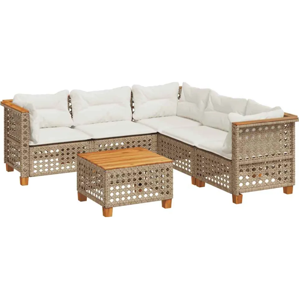vidaXL 6-delige Loungeset met kussens poly rattan beige