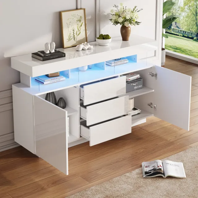 MIVRAY Dressoir - Hoogglans Front Met Ledverlichting - Met 3 Laden En 2 Kasten - Voor Keuken Eetkamer En Hal - Spaanplaat Wit 140x35x80 Cm