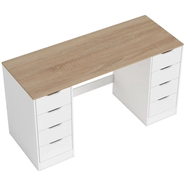ZYLARO Bureau met 8 Lades - Modern Kantoortafel met Opbergruimte - Computerbureau - Werktafel - Computer Tafel - Bureautafel - Desk - Game Bureau - 140 x 53 x 75 cm - Wit Houtlook wit + naturel hout