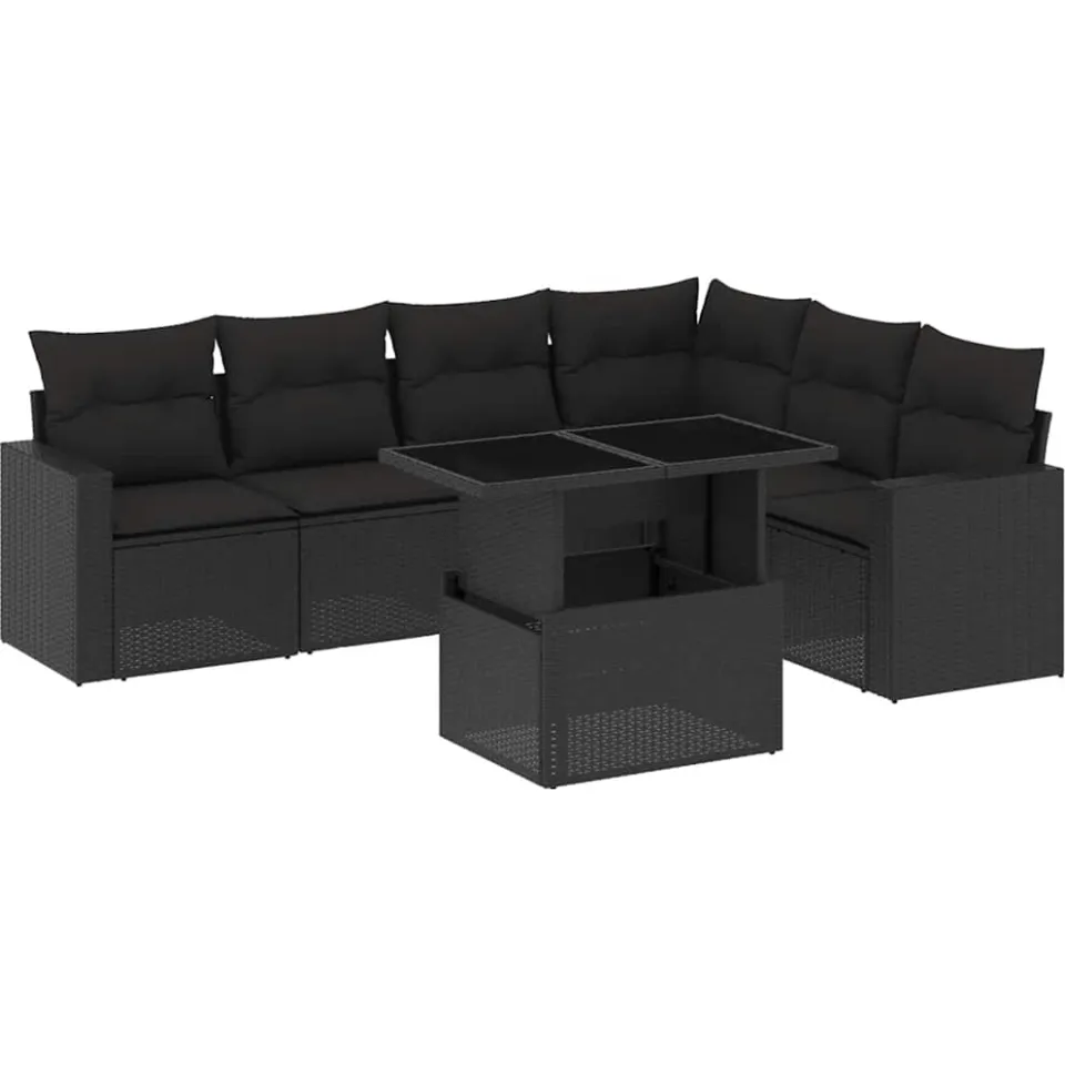 vidaXL 7-delige Loungeset met kussens poly rattan zwart