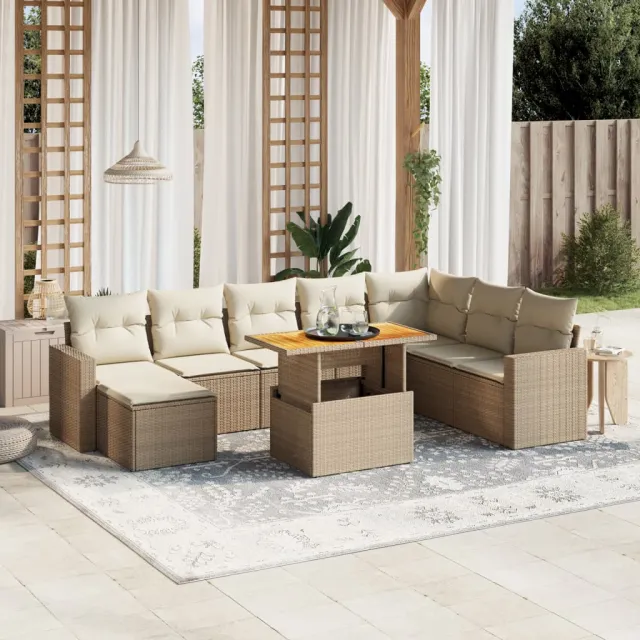 vidaXL 9-delige Loungeset met kussens poly rattan beige, foto 2