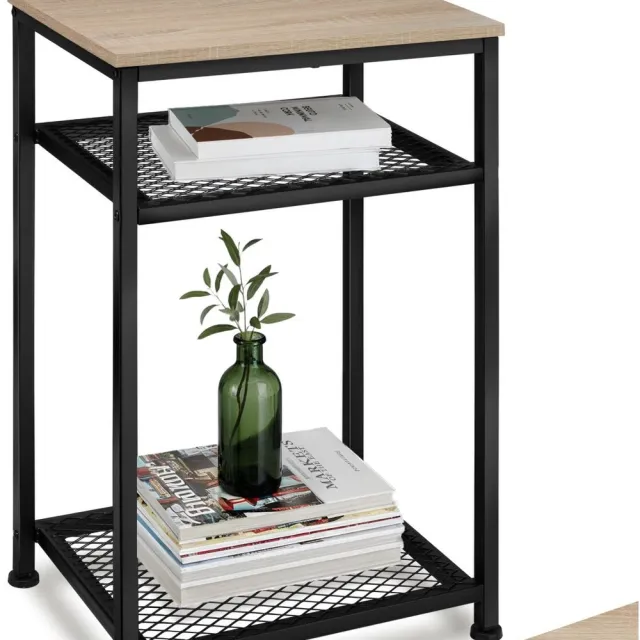 Tectake Bijzettafel van Hout en Metaal – Industrieel Design, Salontafel met 3 Niveaus, Inclusief 2 Roosterplanken, Zwart Metalen Frame – Industrieel Licht Hout, Sonoma Eiken Lichtbruin - Eiken Sonoma