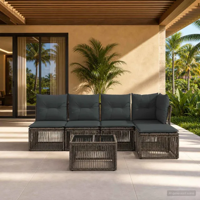vidaXL Tuinbankenset 6 st 5-zits Grijs poly rattan, foto 2