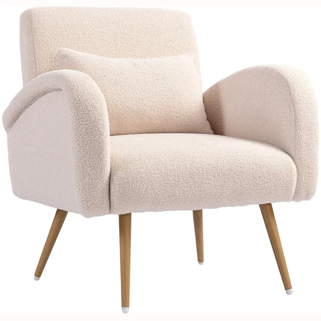 TREVOR Relaxfauteuil - Relaxstoel - Loungestoel - Met armleuningen - Teddy stof - Fauteuil - Brede zitting - Met kussen - Beige