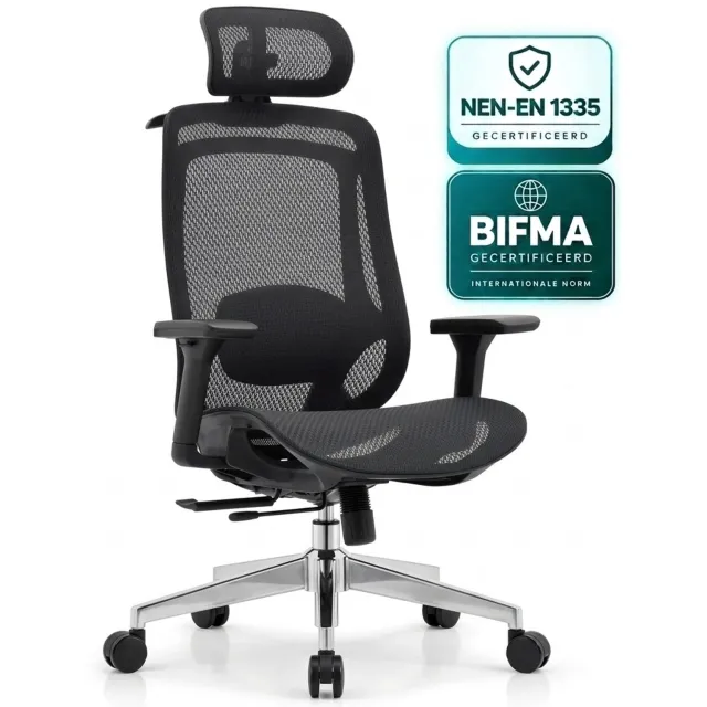 OfficeSense OS150 Ergonomische Bureaustoel – Mesh Office Chair – 4D Armleuningen – Verstelbare Zitdiepte – NEN1335 – Hoofdsteun – Zwart