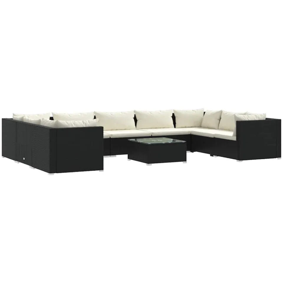 vidaXL 10-delige Loungeset met kussens poly rattan zwart