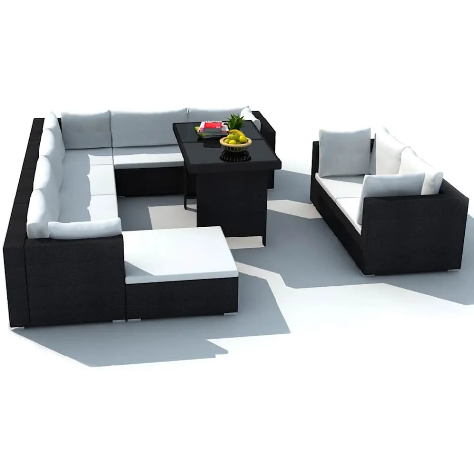 vidaXL 10-delige Loungeset met kussens poly rattan zwart, foto 3