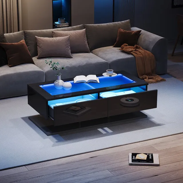 KOMHTOM BLACKCOLORS Salontafel 100*50*35 cm, glanzende salontafel, salontafel met lades, salontafel met LED-verlichting, glazen blad, zwart