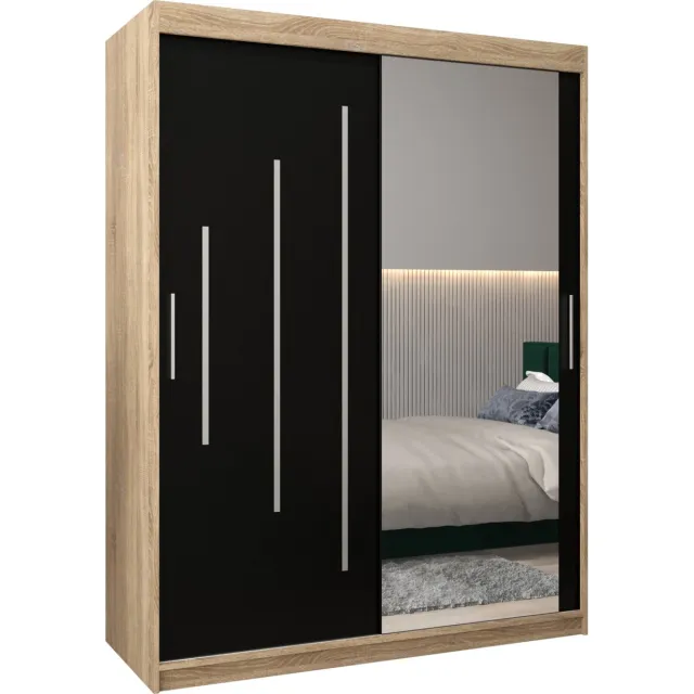 InspireME Kledingkast met 2 schuifdeuren, Modern-stijl, Een kledingkast met planken en een spiegel (BxHxD): 150x200x62 - MALTESE II 150 Sonoma Eik + Zwart Mat met 2 lades
