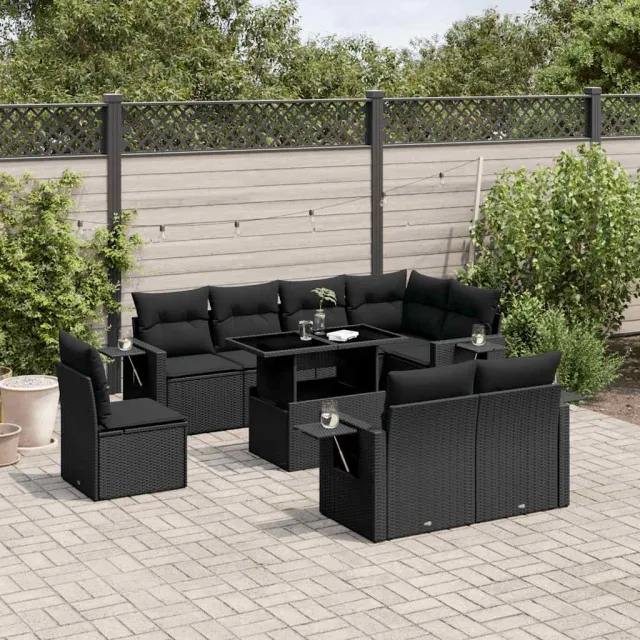 vidaXL 9-delige Loungeset met kussens poly rattan zwart, foto 2