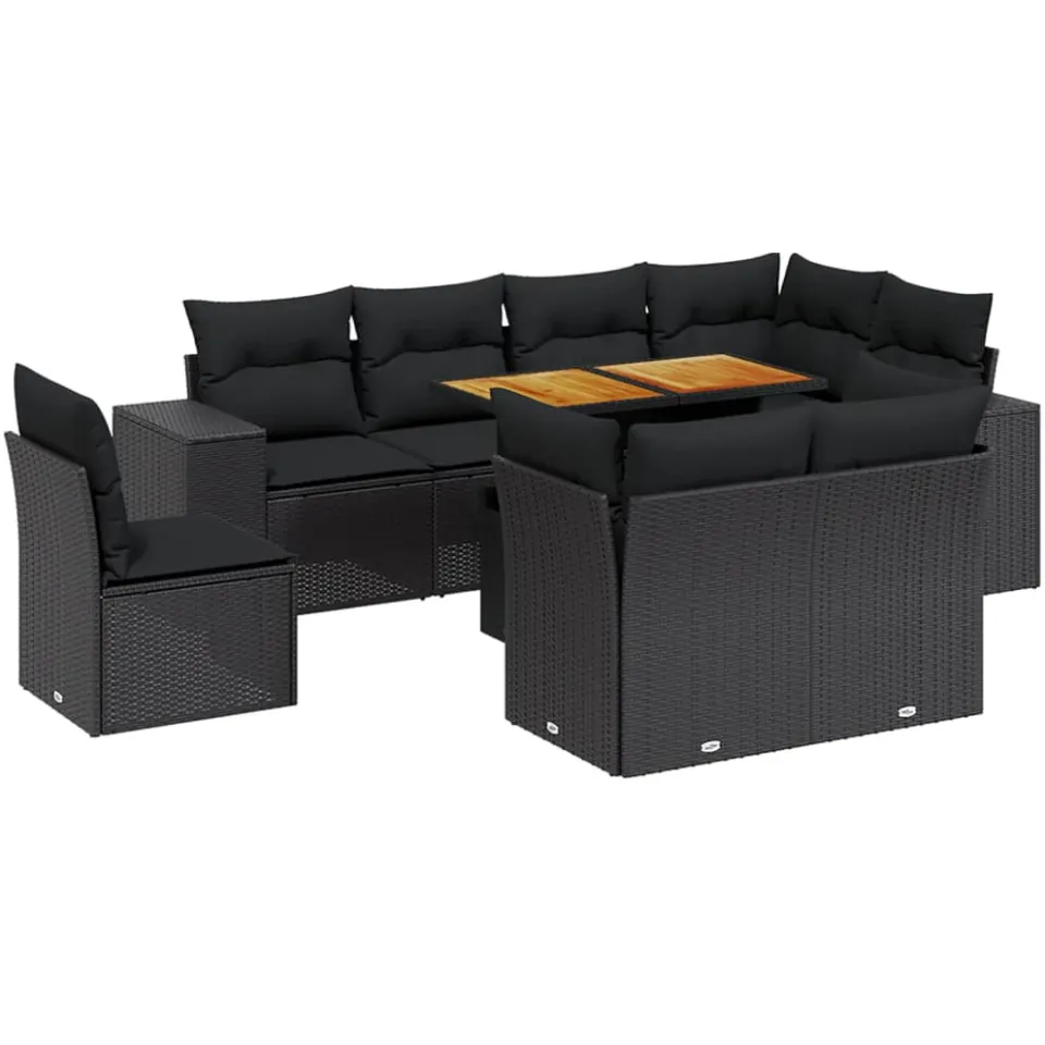 vidaXL 9-delige Loungeset met kussens poly rattan zwart