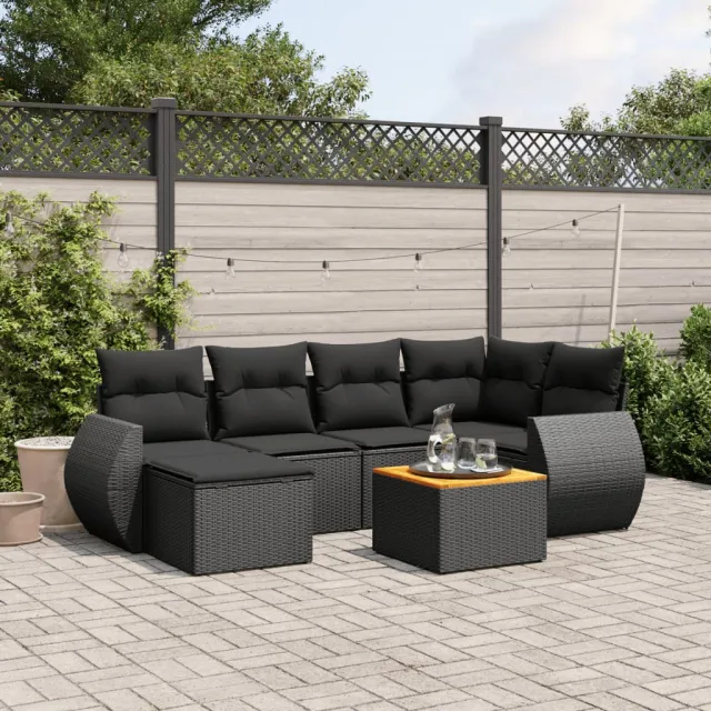 vidaXL 7-delige Loungeset met kussens poly rattan zwart, foto 2