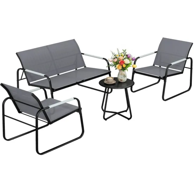 ZYLARO 4-delige Tuinset - Ademende Loungeset met 2-Zitsbank, 2 Fauteuils, Ronde Salontafel - Touwvlechtwerk - Tuinmeubelset voor 4 Personen - Tuinbank - Zitset - Tuinsalon voor 4 Personen - Zitgroep - voor Terras, Balkon, Tuin - Grijs + Zwart