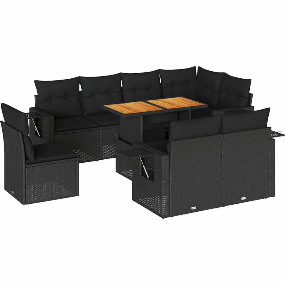 vidaXL 9-delige Loungeset met kussens poly rattan zwart, foto 3