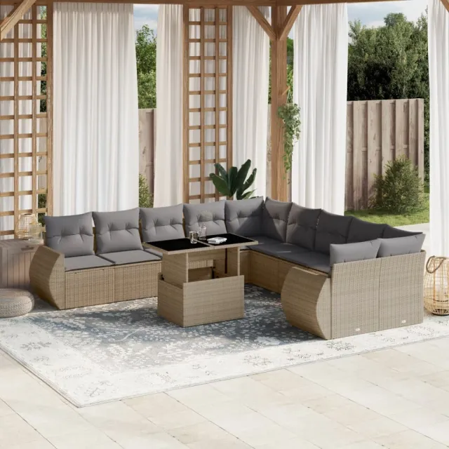 vidaXL 11-delige Tuinset met kussens poly rattan beige, foto 2